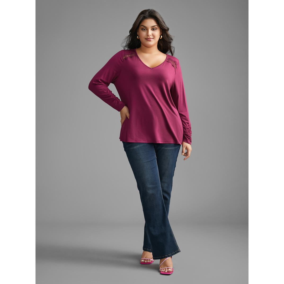 Plus Size Solid V Neck Lace Patchwork T-shirt RedViolet Women Elegant Woven ribbon&lace trim V-neck Everyday T-shirts BloomChic 30/6X Product Image