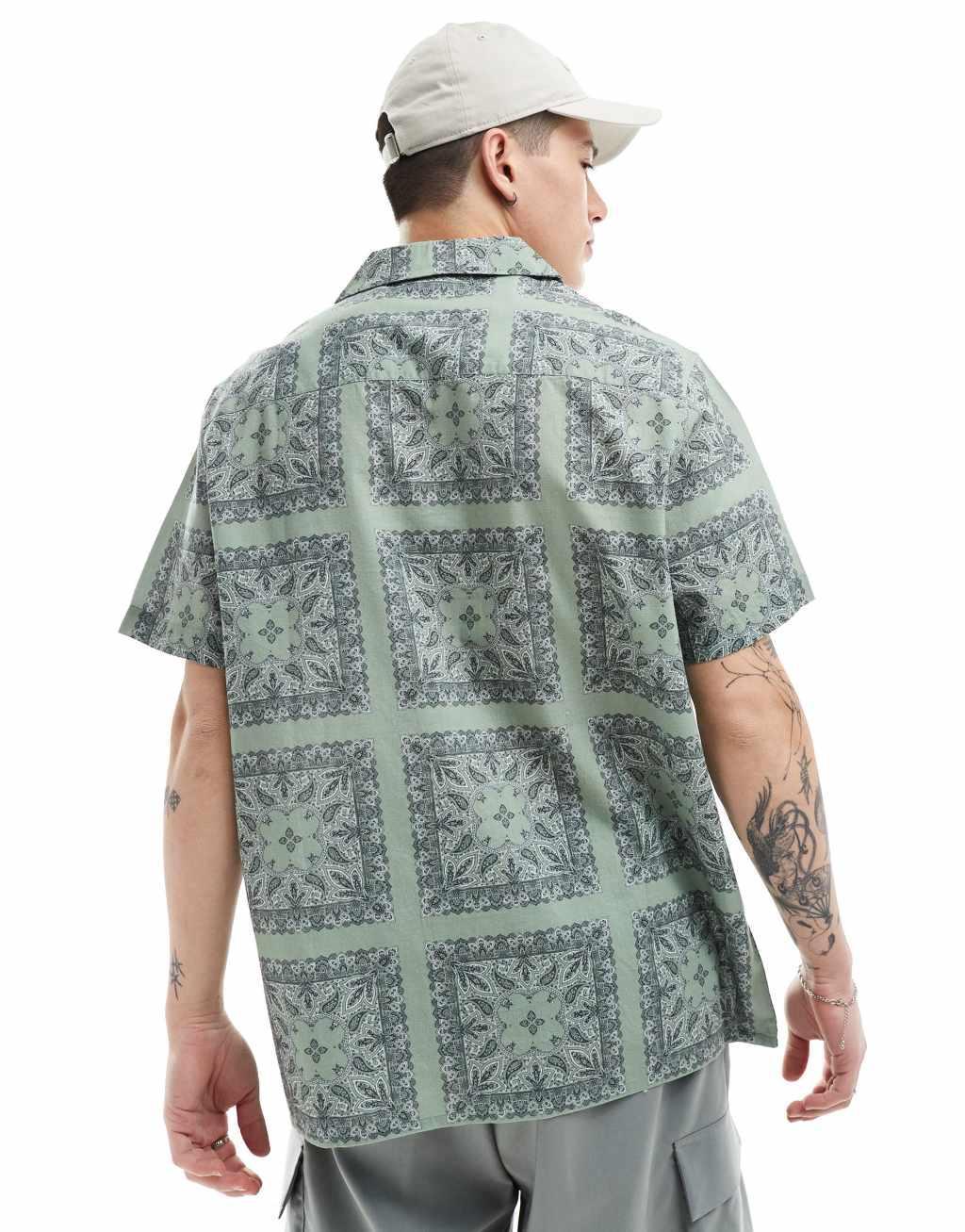 ASOS DESIGN relaxed revere shirt with tile bandana print in sage Product Image
