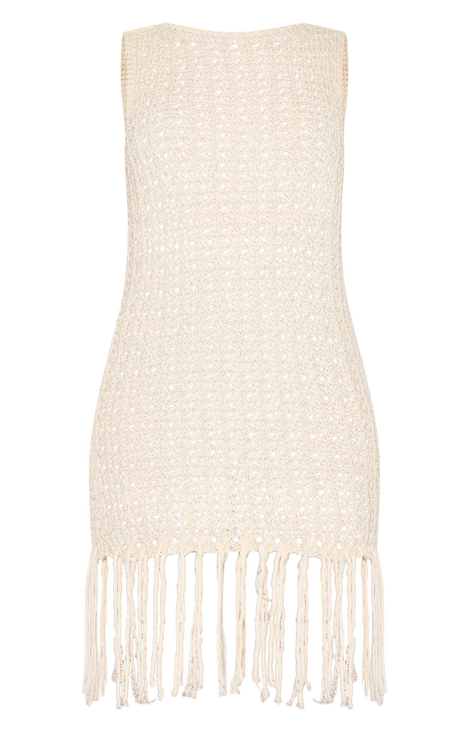 Petite Cream Crochet Boat Neck Tassle Mini Dress Product Image