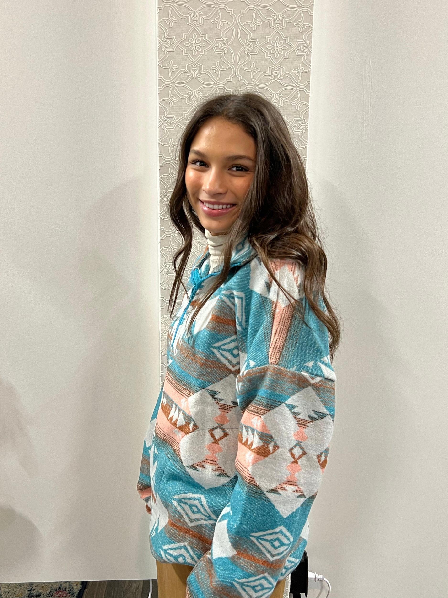 Teal Aztec Printed Henley Woven Pullover Jacket Product Image