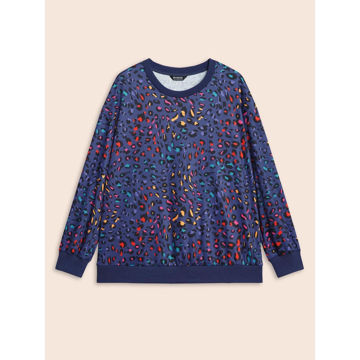 Plus Size Round Neck Color Leopard Print Sweatshirt Women Indigo Casual Contrast Round Neck Everyday Sweatshirts BloomChic 22-24/3X Product Image
