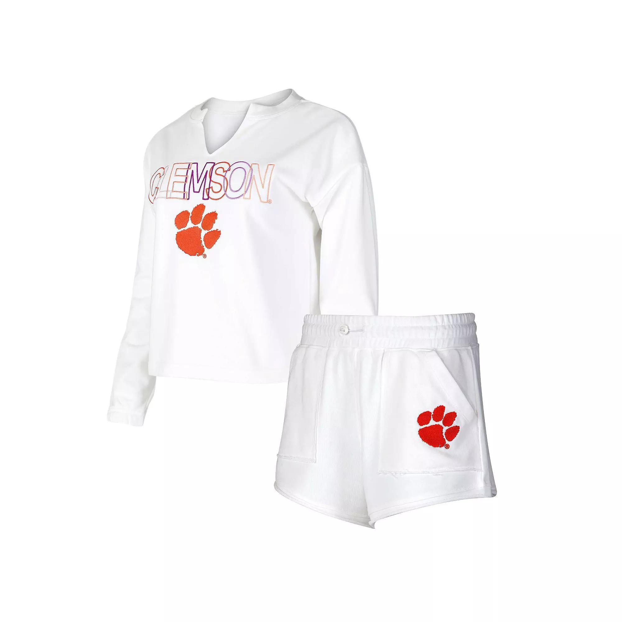 Women's Concepts Sport  White Clemson Tigers Sunray Notch Neck Long Sleeve T-Shirt & Shorts Set, Size: Medium Product Image