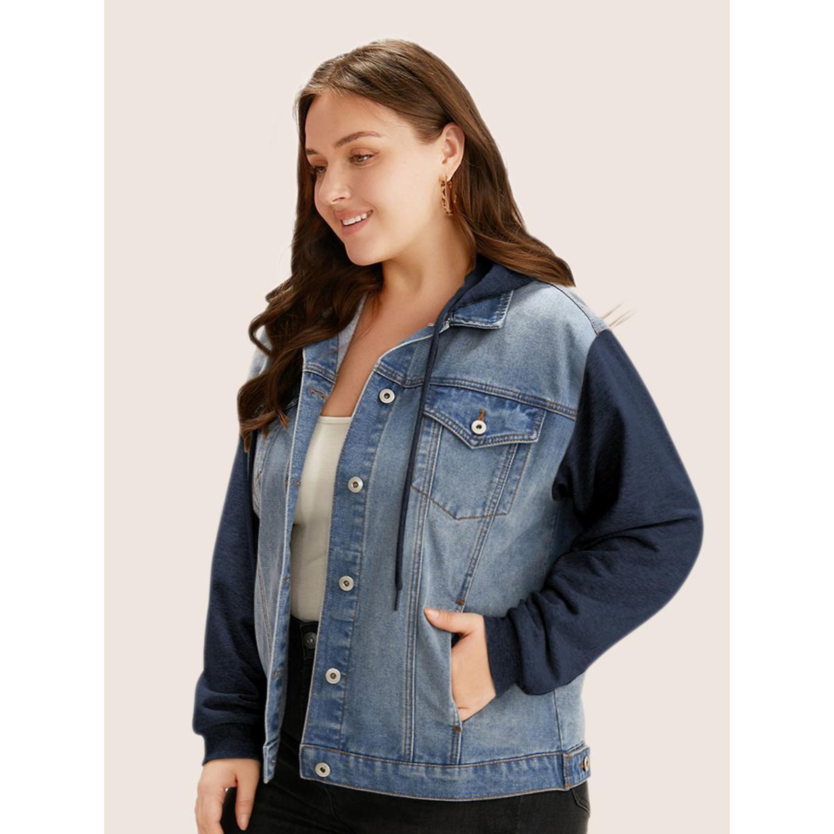 Women Hooded Patchwork Flap Pocket Denim Jacket Indigo Plus Size Plain Contrast Everyday Slanted pocket Casual Denim Jackets BloomChic 26/4X Product Image