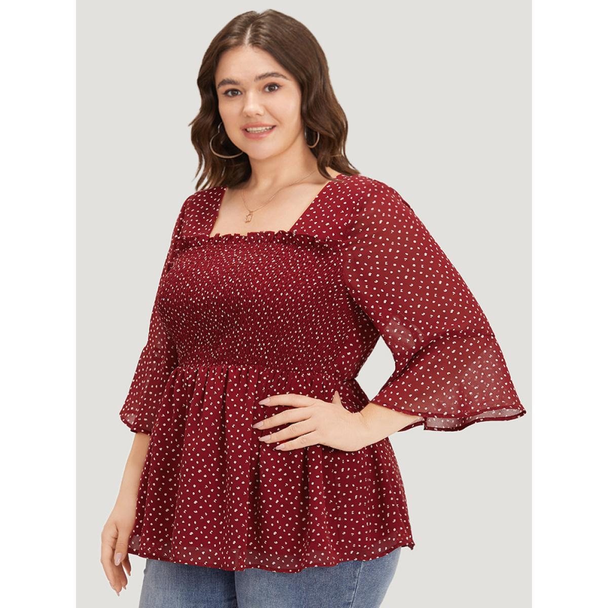 Plus Size Scarlet Leopard Print Frill Trim Shirred Mesh Square Neck Blouse Women Elegant Elbow-length sleeve Square Neck Dailywear Blouses BloomChic 14-16/1X Product Image