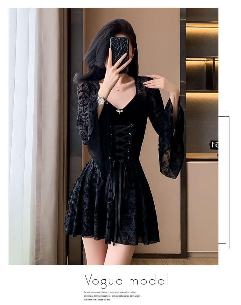 Long-Sleeve Lace-Up Velvet Mini A-Line Dress Product Image