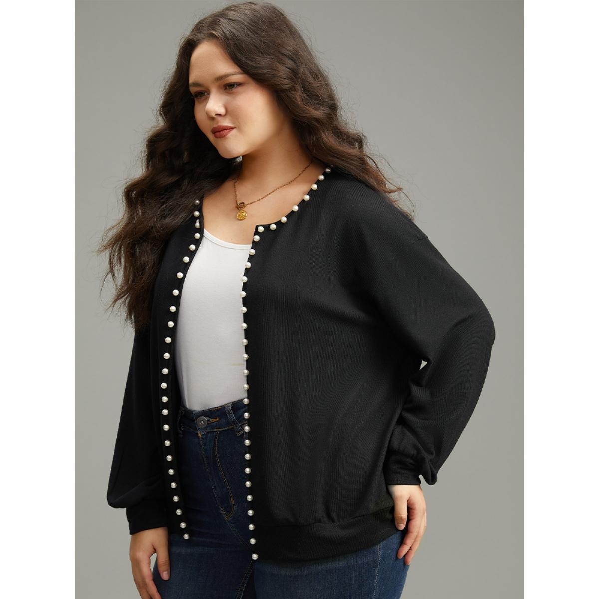 Plus Size Solid Pearl Beaded Open Front Coat Women Black Elegant Beaded Ladies Dailywear Winter Coats BloomChic 18-20/2X Product Image