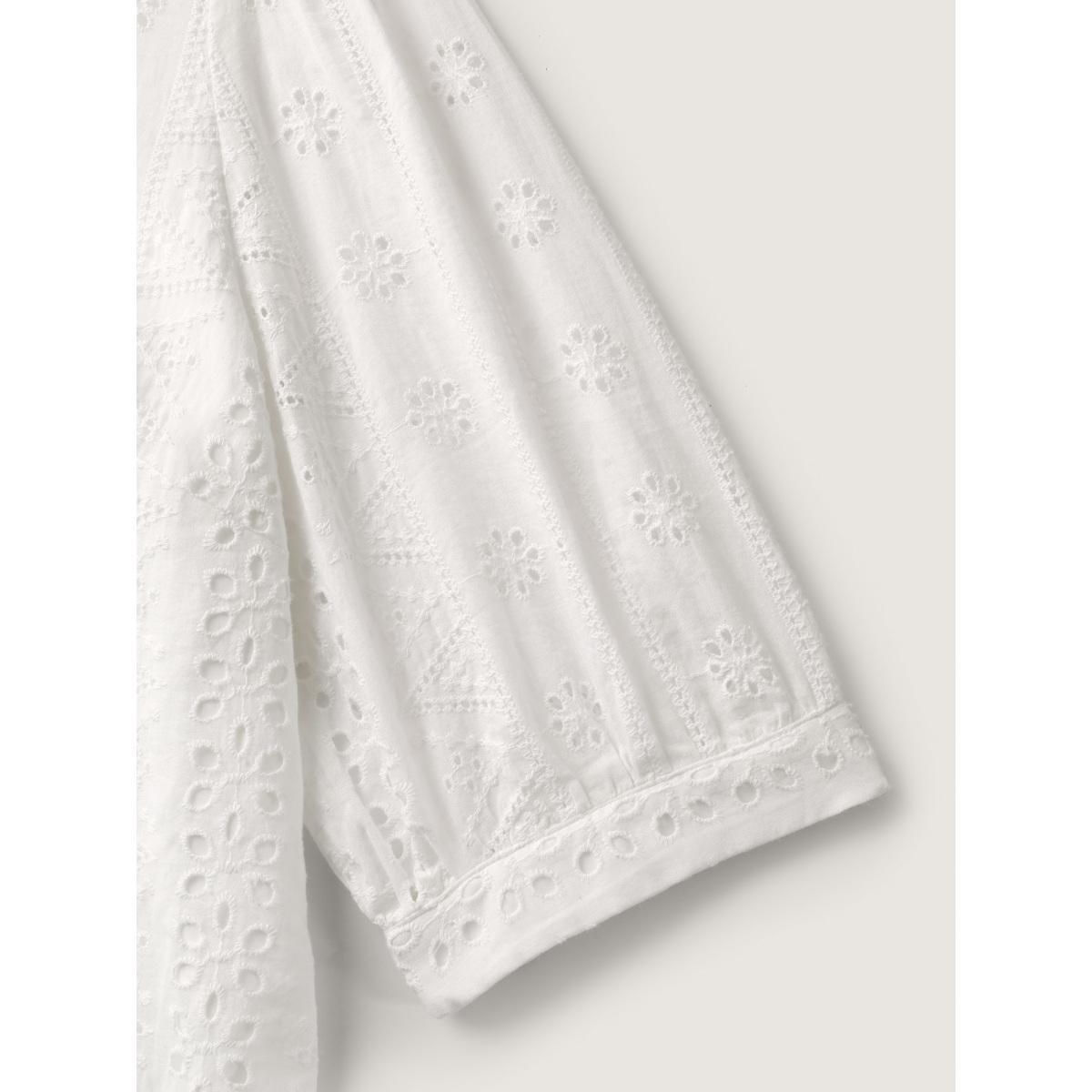 Plus Size WhiteSmoke Cotton Eyelet Embroidery V-Neck Blouse Women Elbow-length sleeve V-neck Vacation Blouses BloomChic 10/M Product Image