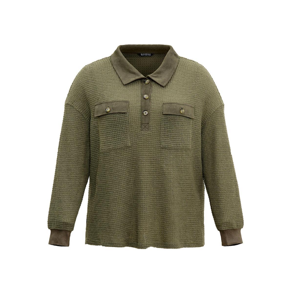 Plus Size Faux Suede Patchwork Waffle Knit Flap Pocket Sweatshirt Women ArmyGreen Casual Waffle Knit Lapel Collar Dailywear Sweatshirts BloomChic 12/L Product Image