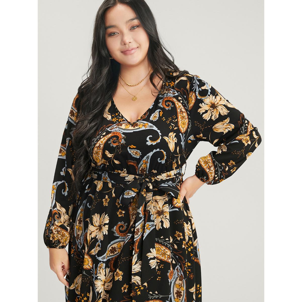 Plus Size Floral Pocket Lantern Sleeve V Neck Belted Maxi Dress Black Women Elegant Belted V-neck Long Sleeve Curvy Long Dress BloomChic 18-20/2X Product Image