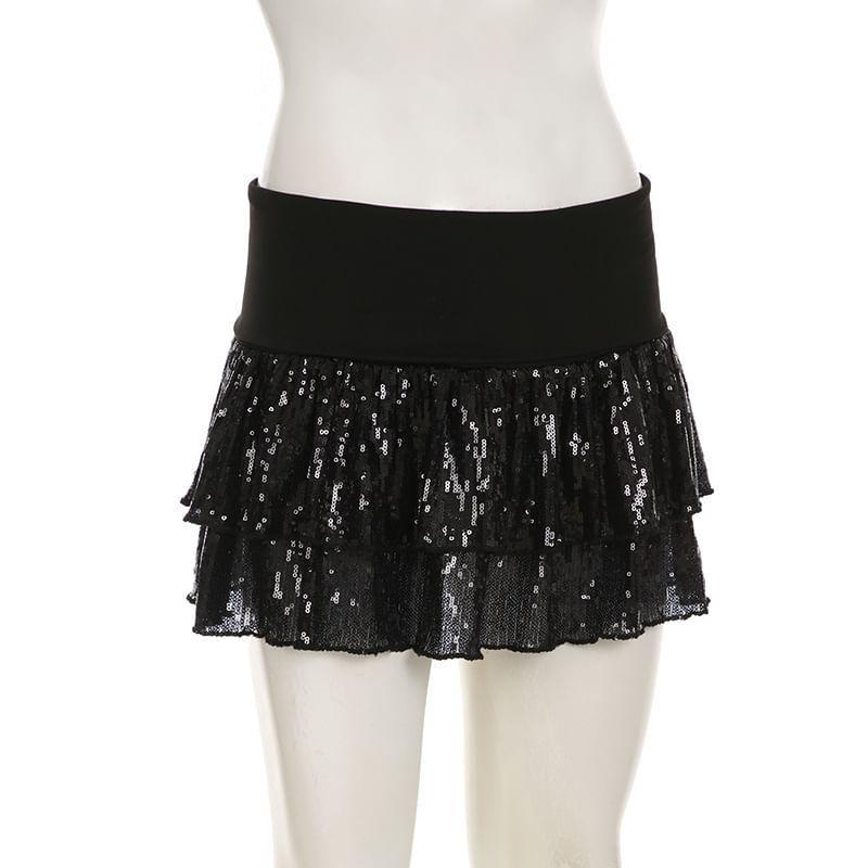 Low Rise Sequin Layered Mini A-Line Skirt Product Image