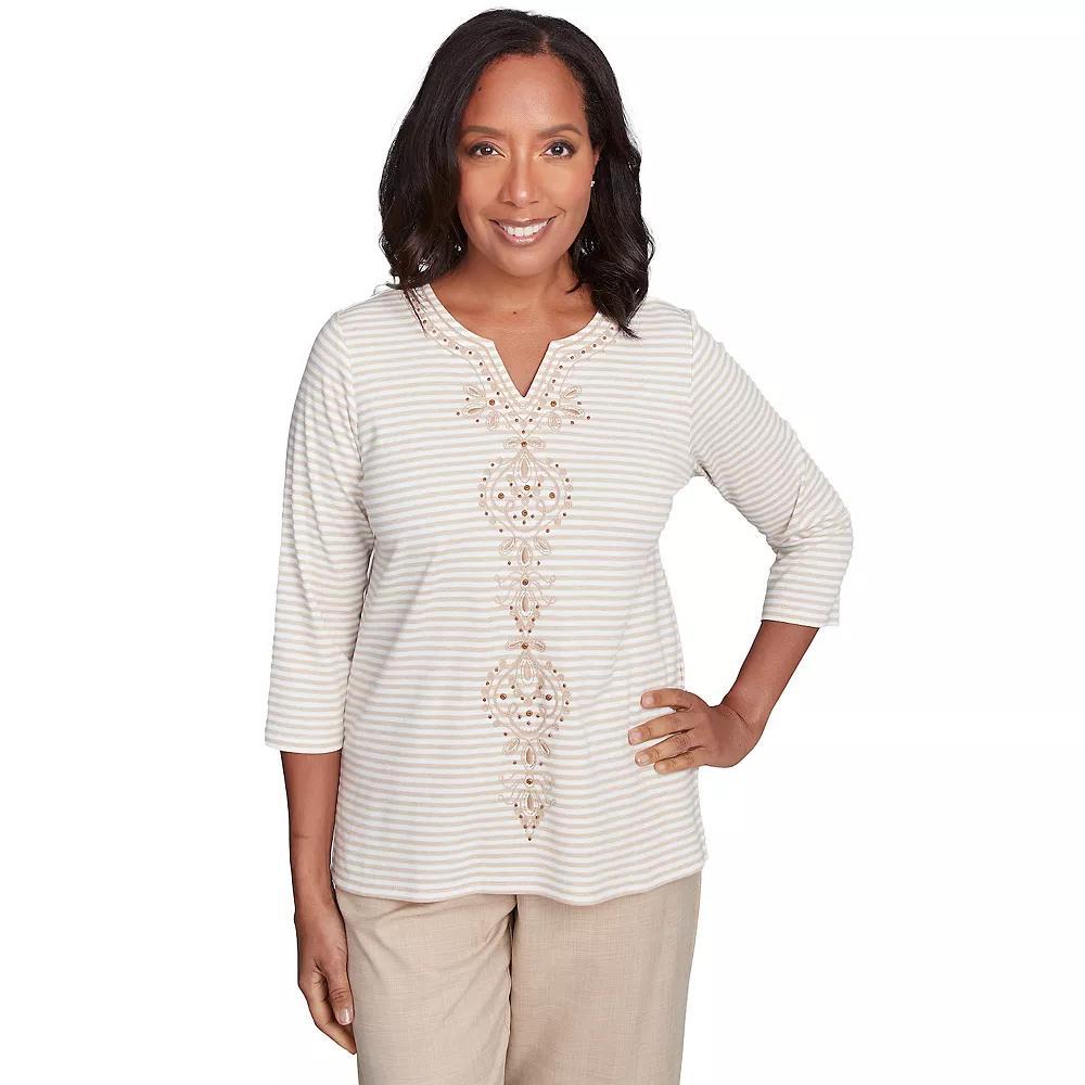 Petite Alfred Dunner Bold Medallion Stripe Top, Women's, Size: Medium Petite, Linen Product Image