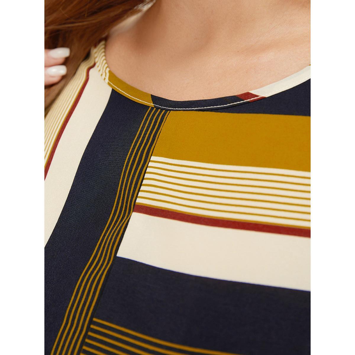 Plus Size Striped Patchwork Belted Ruffles Pocket Dolman Sleeve Dress Multicolor Women Vacation Contrast Round Neck Short sleeve Curvy Knee Dress BloomChic 18-20/2X Product Image