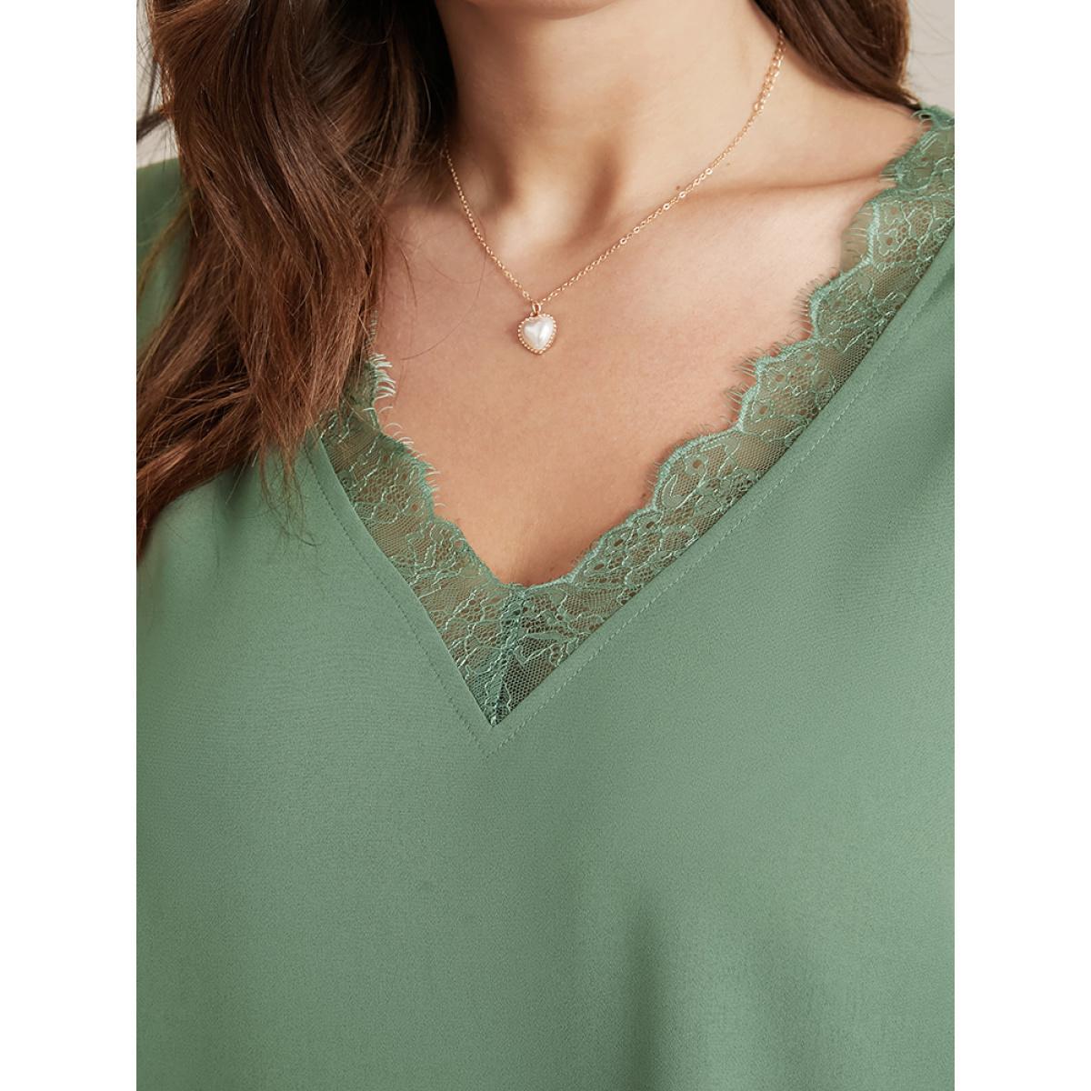 Plus Size Emerald Solid Lantern Sleeve Lace Trim V Neck Blouse Women Elegant Elbow-length sleeve V-neck Dailywear Blouses BloomChic 22-24/3X Product Image