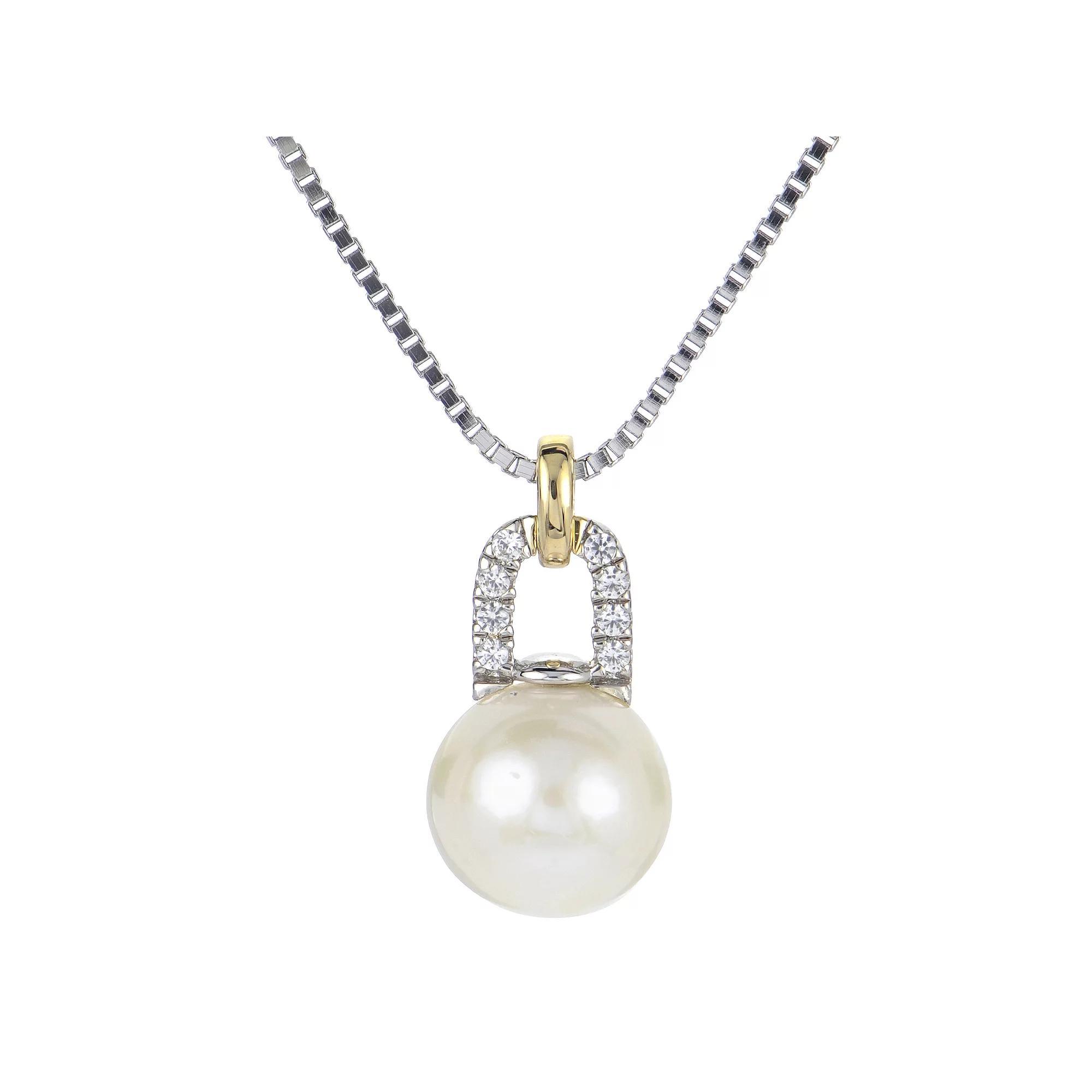 PearLustre by Imperial 14k Gold Over Silver Two Tone Freshwater Cultured Pearl & Lab-Created White Sapphire Pendant Necklace, Womens Product Image