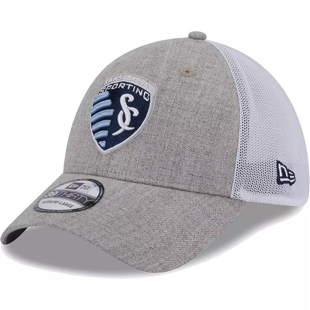 Men's New Era Heather Gray/White Sporting Kansas City 39THIRTY Trucker Flex Hat, Size: Medium/Large, Grey Product Image