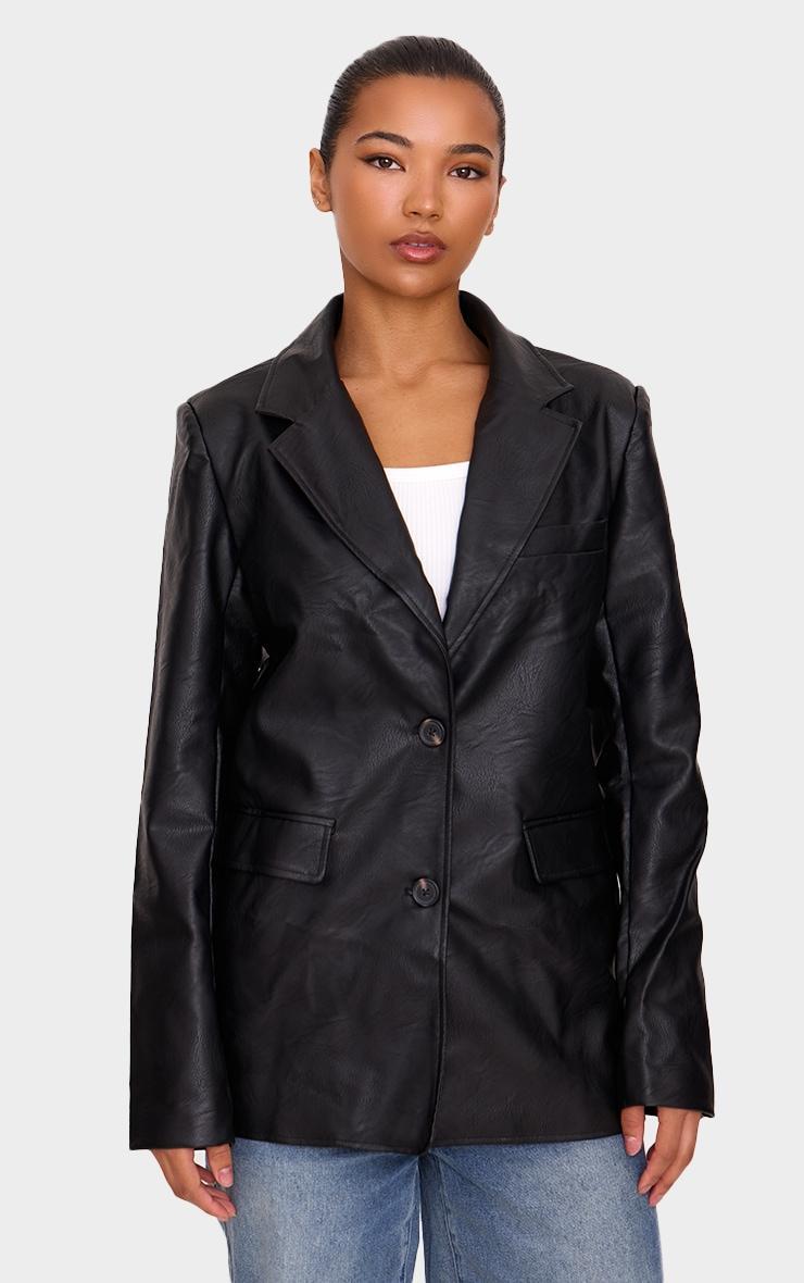 Washed Black Textured Faux Leather Blazer Product Image