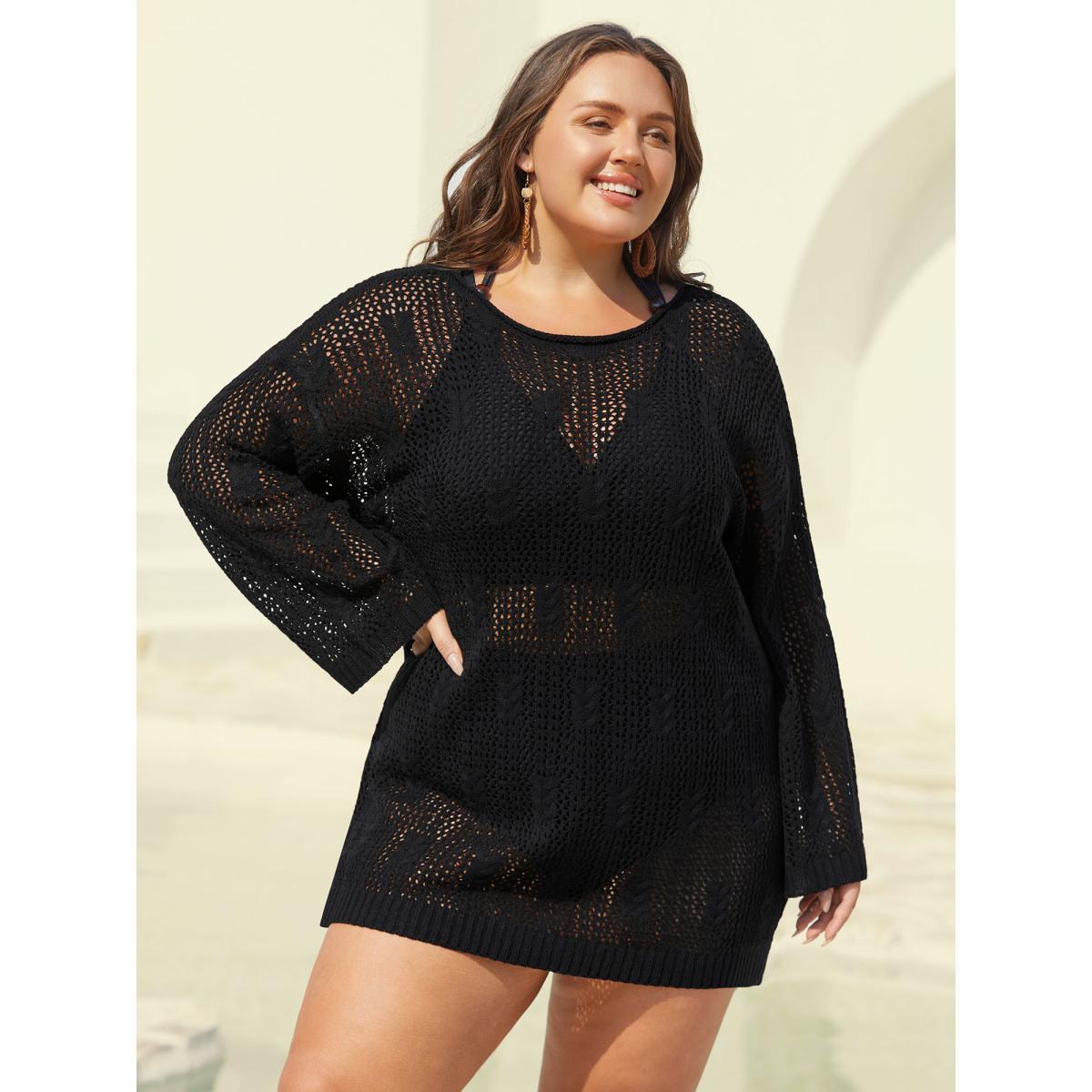 Plus Size Sheer Cable Knit Long Sleeve Swim Blouse Women's Swimwear Black Beach Loose Texture Curve Swim Cover Ups BloomChic 30/6X Product Image