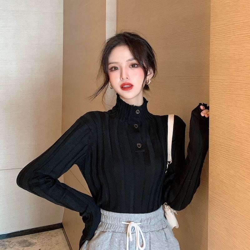 Long-Sleeve Mock Neck Henley Plain Ribbed Knit Top Product Image