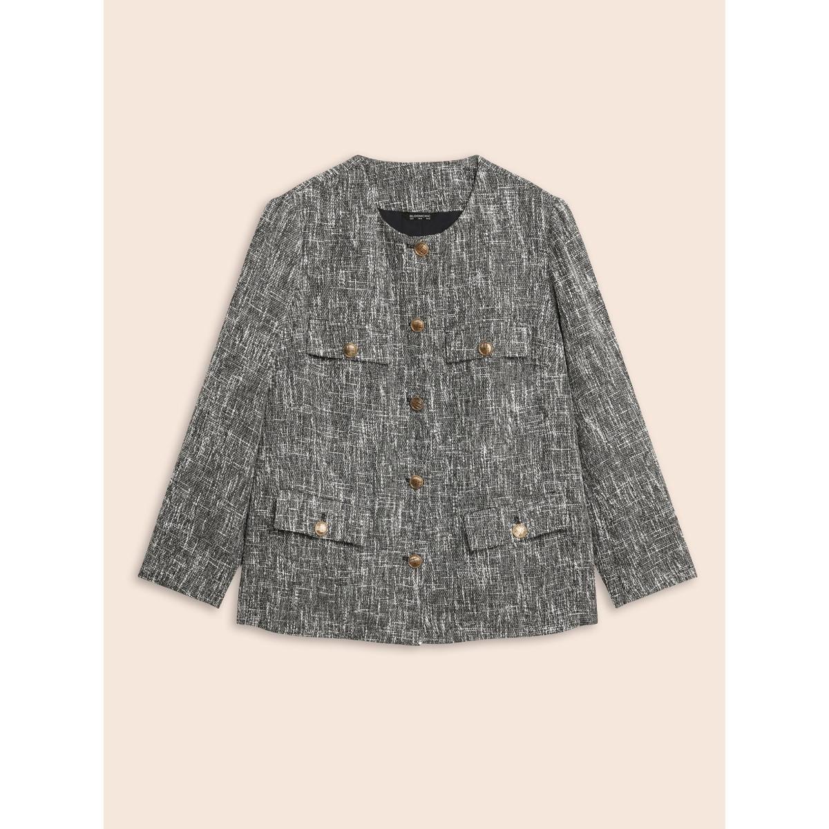 Plus Size Tweed Button Up Flap Pocket Jacket Women Black Button Open pocket with flap Everyday Jackets BloomChic 18-20/2X Product Image