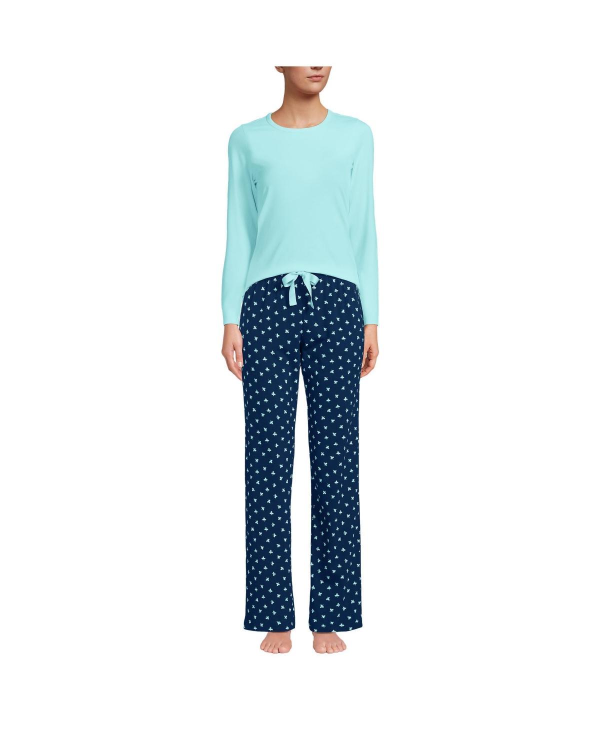Petite Lands End Womens Knit Long Sleeve Pajama Top & Pajama Pants Sleep Set Green Mini Floral Product Image
