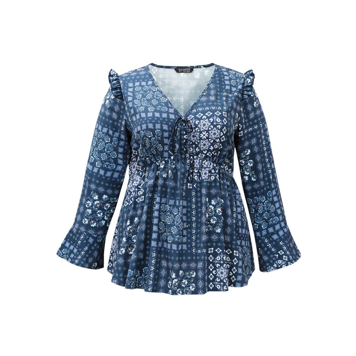 Plus Size Stone Bandana Print Bowknot Frill Trim Blouse Women Elegant Long Sleeve V-neck Dailywear Blouses BloomChic 26/4X Product Image