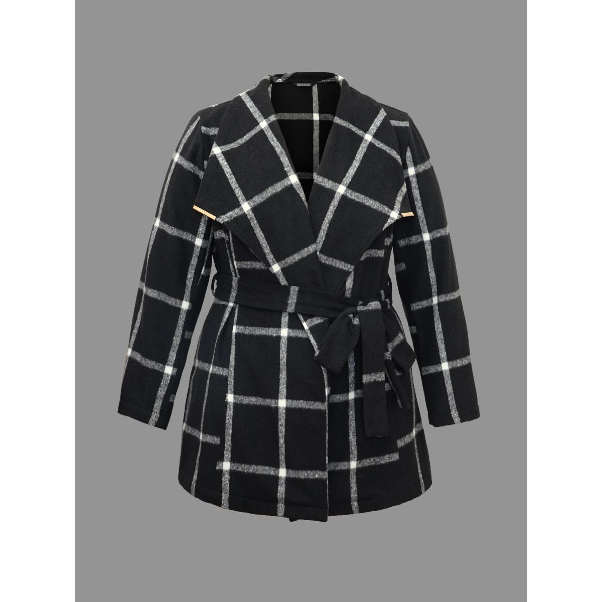 Plus Size Plaid Lapel Collar Belted Jacket Women Black Belted Slanted pocket Belt Everyday Jackets BloomChic 14-16/1X Product Image