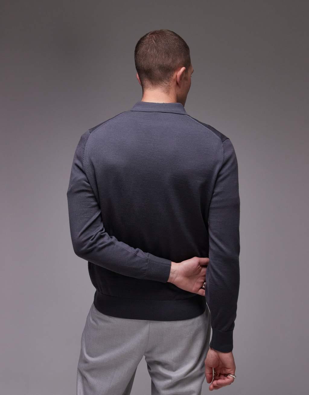 ARKET merino wool knitted long sleeve polo shirt in petrol blue Product Image