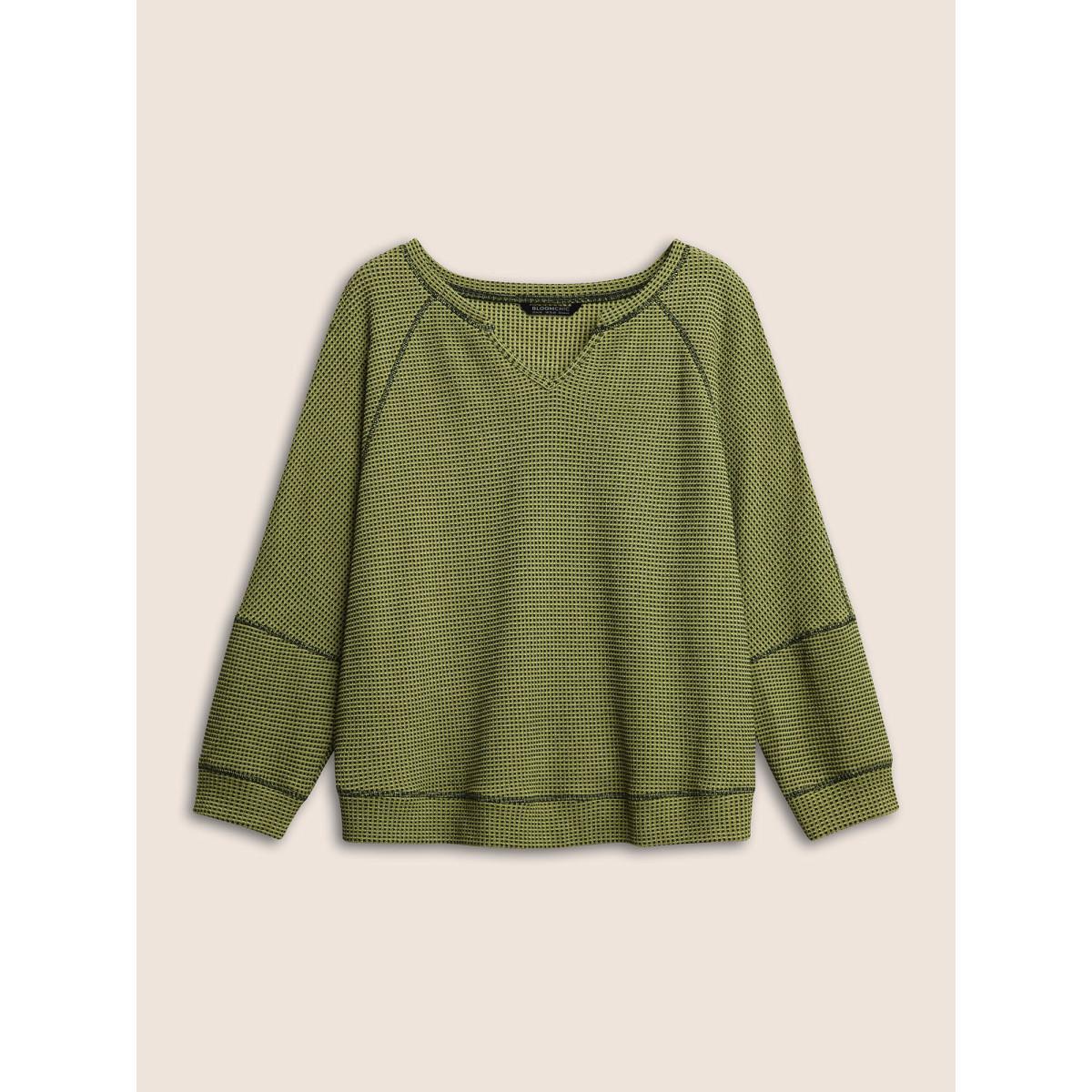 Plus Size Waffle Knit Notched Contrast Stitch Patchwork Sweatshirt Women ArmyGreen Casual Topstitching Notched collar Everyday Sweatshirts BloomChic 12/L Product Image