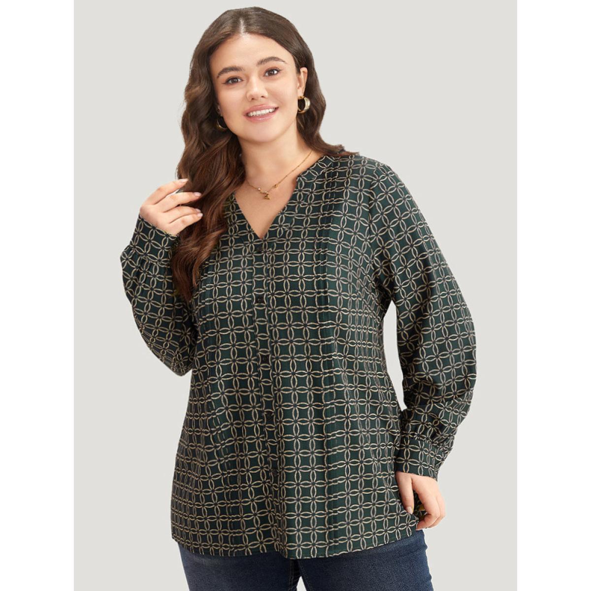 Plus Size ArmyGreen Geometric Graphic Pleated Detail Blouse Women Office Long Sleeve V-neck Work Blouses BloomChic 10/M Product Image
