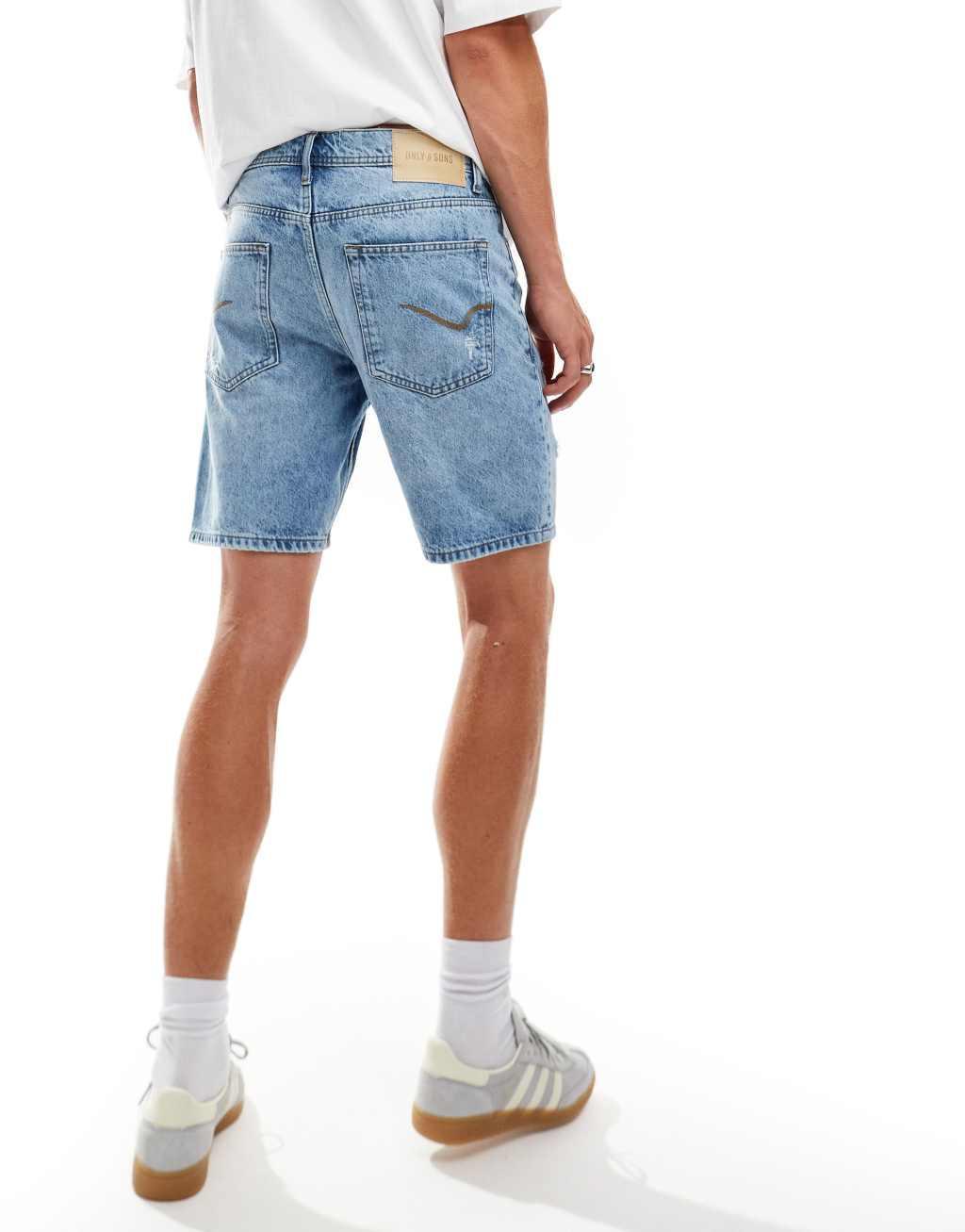 ONLY & SONS regular fit distressed denim shorts in light blue wash Product Image