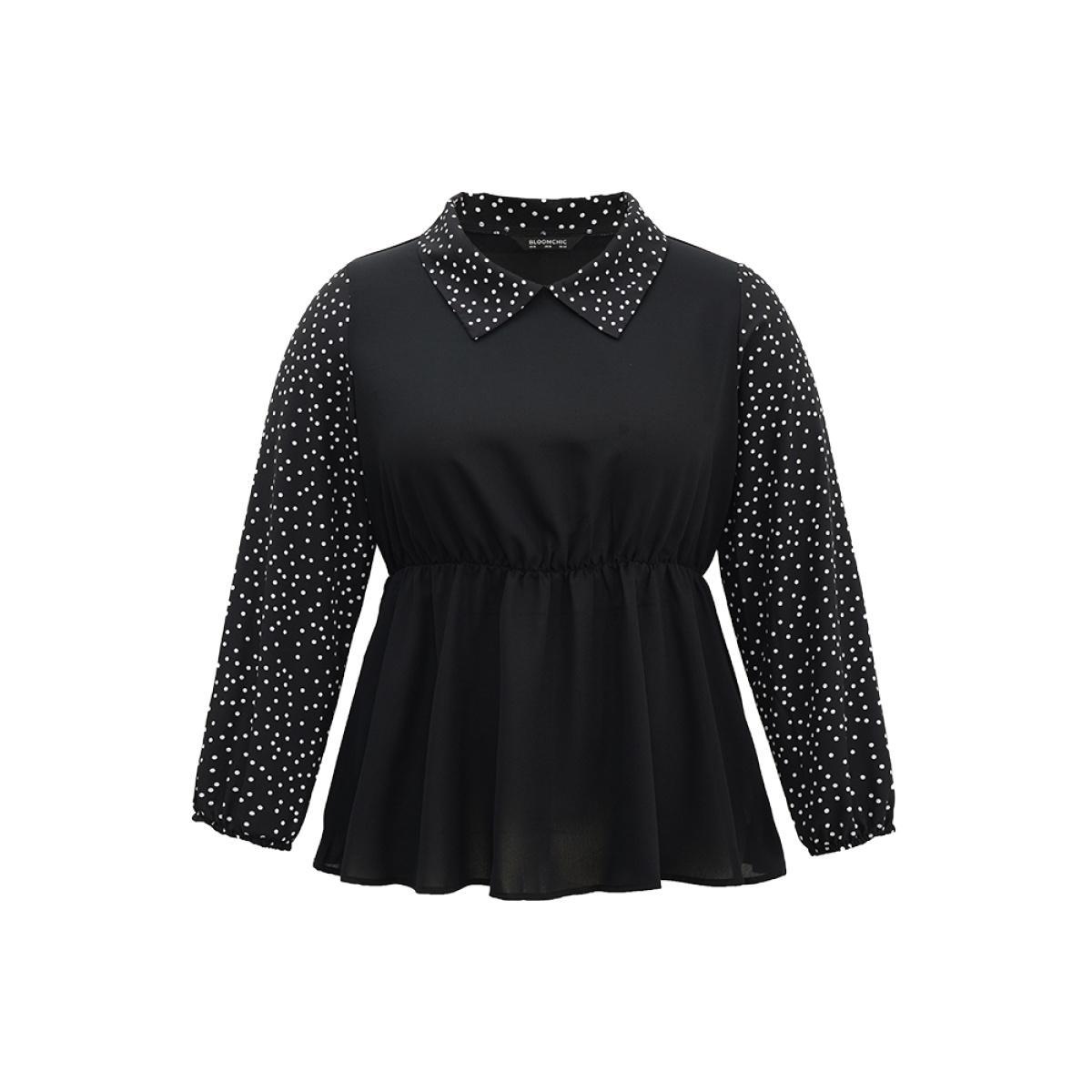 Plus Size Black Polka Dot Patchwork Lapel Collar Elastic Waist Blouse Women At the Office Long Sleeve Lapel Collar Work Blouses BloomChic 14-16/1X Product Image