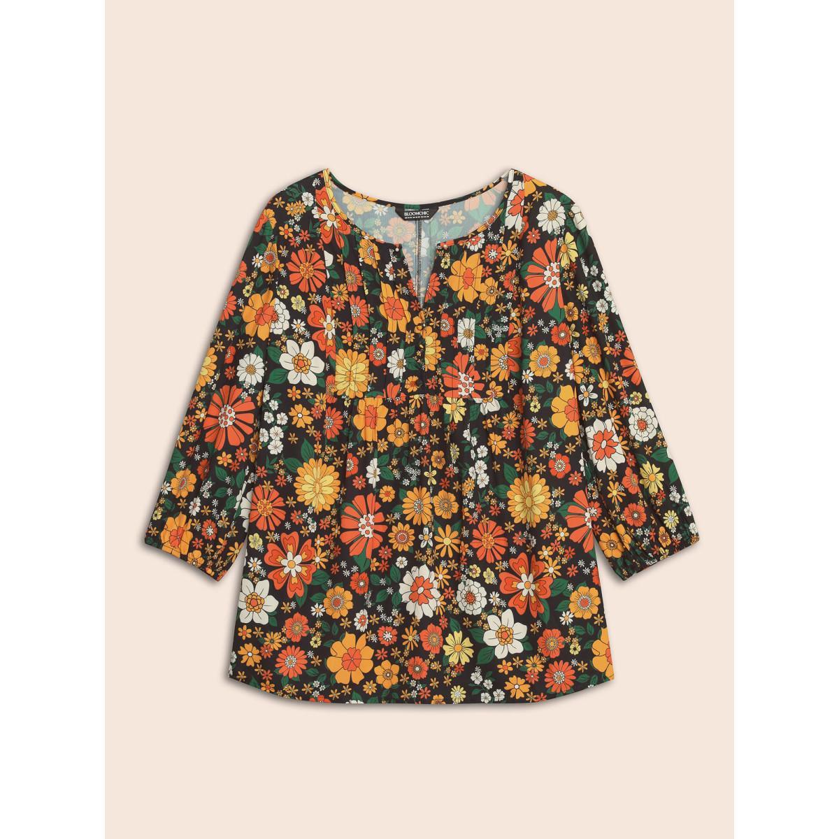 Plus Size Multicolor Natural Flowers Lantern Sleeve Pleated Blouse Women Elegant Elbow-length sleeve Flat collar with V-notch Everyday Blouses BloomChic 14-16/1X Product Image