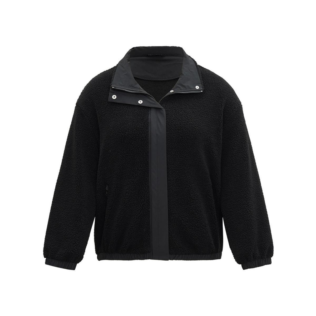 Plus Size Solid Patchwork Button Up Pocket Zipper Jacket Women Black Zipper Pocket Dailywear Jackets BloomChic 30/6X Product Image