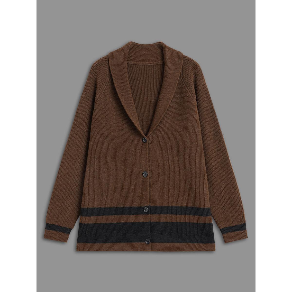 Plus Size Collared Button Front Striped Hem Knit Cardigan DarkBrown Women Casual Loose Long Sleeve Everyday Cardigans BloomChic 18-20/2X Product Image