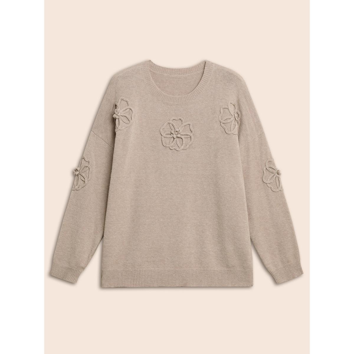 Plus Size Supersoft Essentials Stereo Flower Design Pullover Apricot Women Casual Loose Long Sleeve Round Neck Everyday Pullovers BloomChic 26/4X Product Image