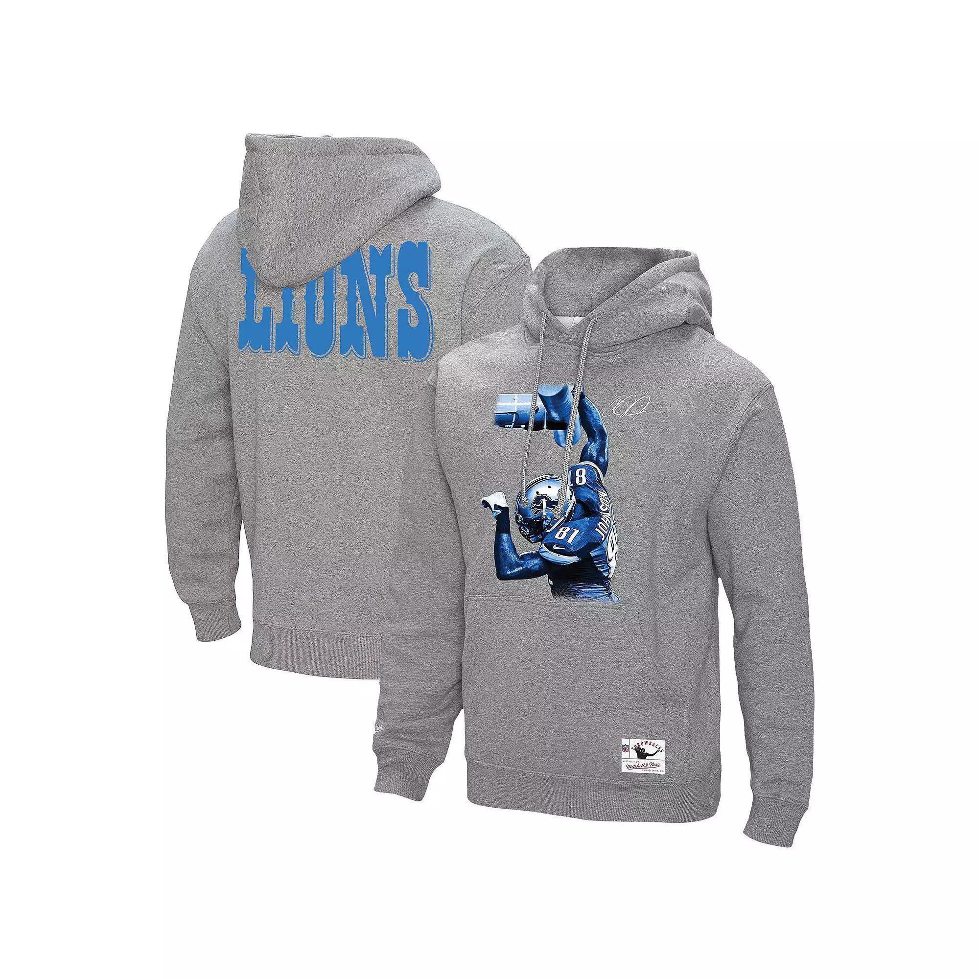 Men's Mitchell & Ness Calvin Johnson Heather Gray Detroit Lions Hall of Fame Player Graphic Pullover Hoodie, Size: Large, Grey Product Image
