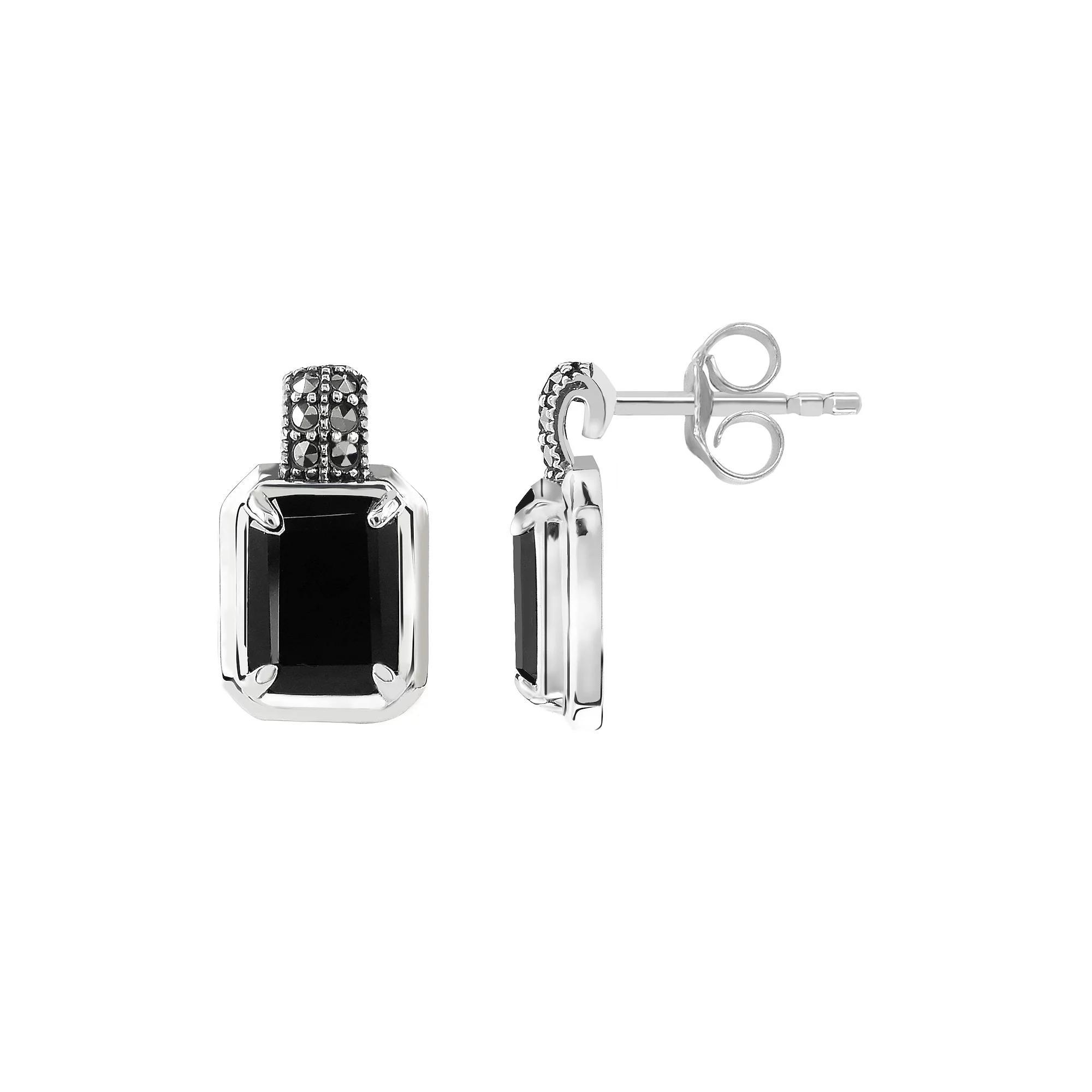 Lavish by TJM Sterling Silver Onyx & Marcasite Square Halo Stud Earrings, Women's Product Image