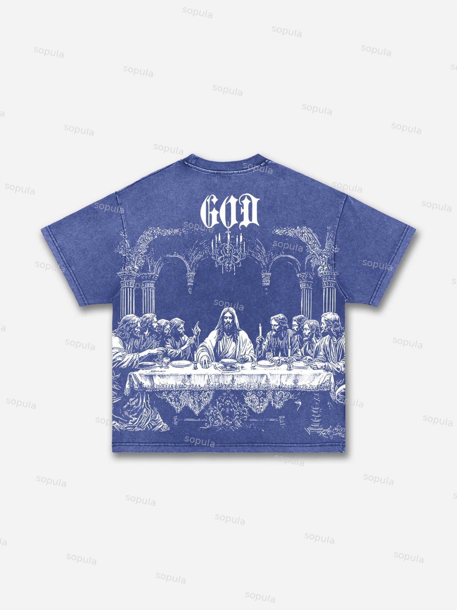 God's Supper Print Acid Wash T-shirt Product Image