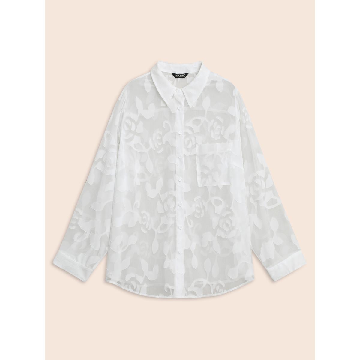 Plus Size Originalwhite Shirt Collar Floral Mesh Blouse Women Resort Extra Long Sleeve Shirt collar Vacation Blouses BloomChic 14-16/1X Product Image
