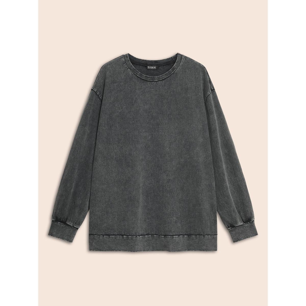 Plus Size Vintage Round Neck Slightly Stretchy Sweatshirt Women Black Casual Non Loose Round Neck Everyday Sweatshirts BloomChic 18-20/2X Product Image