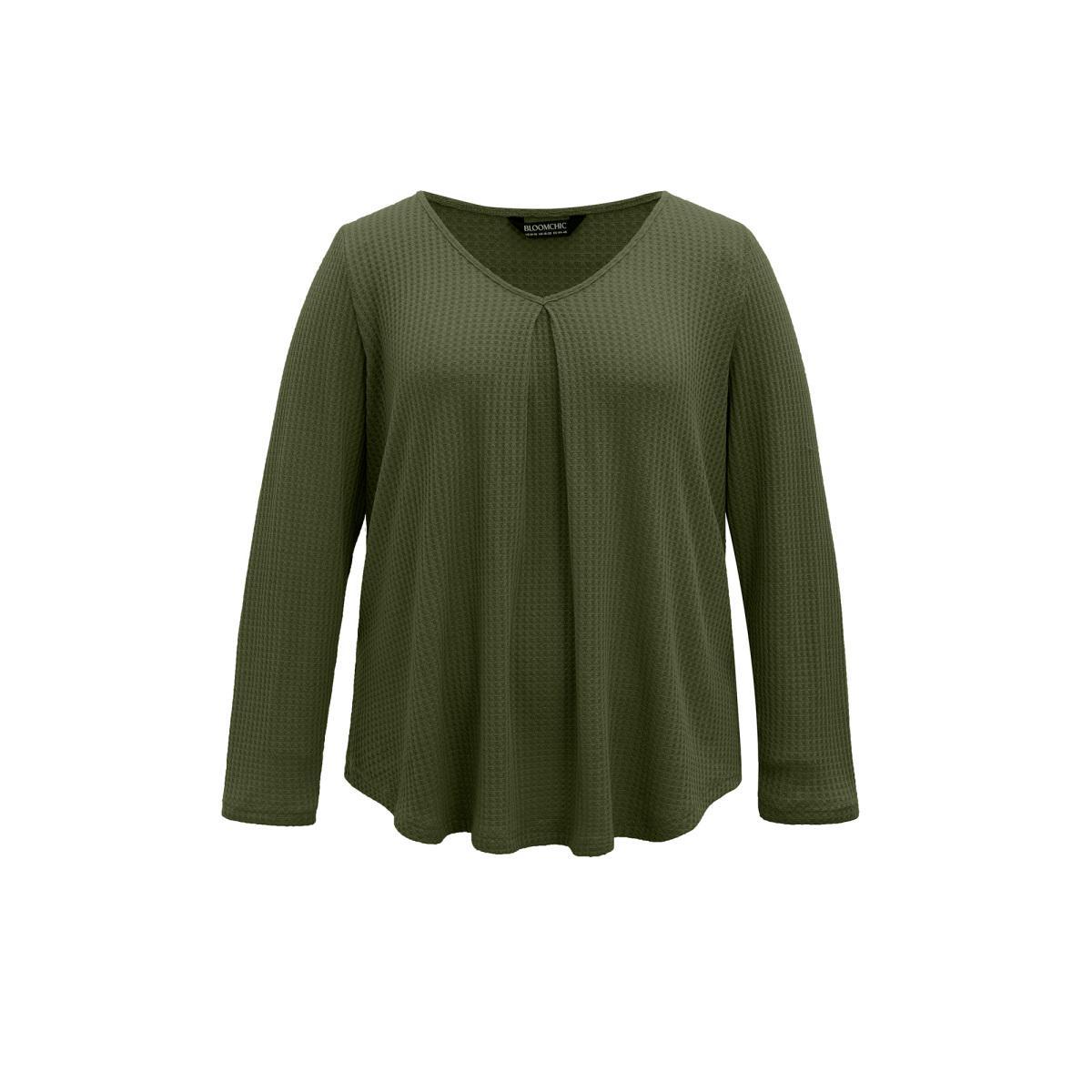 Plus Size Plain Waffle Knit Scoop Neck Plicated Detail T-shirt Rust Women Casual Non Plain V-neck Everyday T-shirts BloomChic 12/L Product Image
