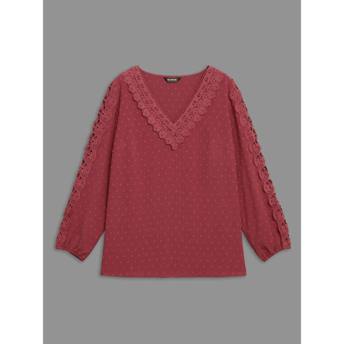 Plus Size Russet Lace Trim V-Neck Textured Blouse Women Elegant Long Sleeve V-neck Everyday Blouses BloomChic 14-16/1X Product Image
