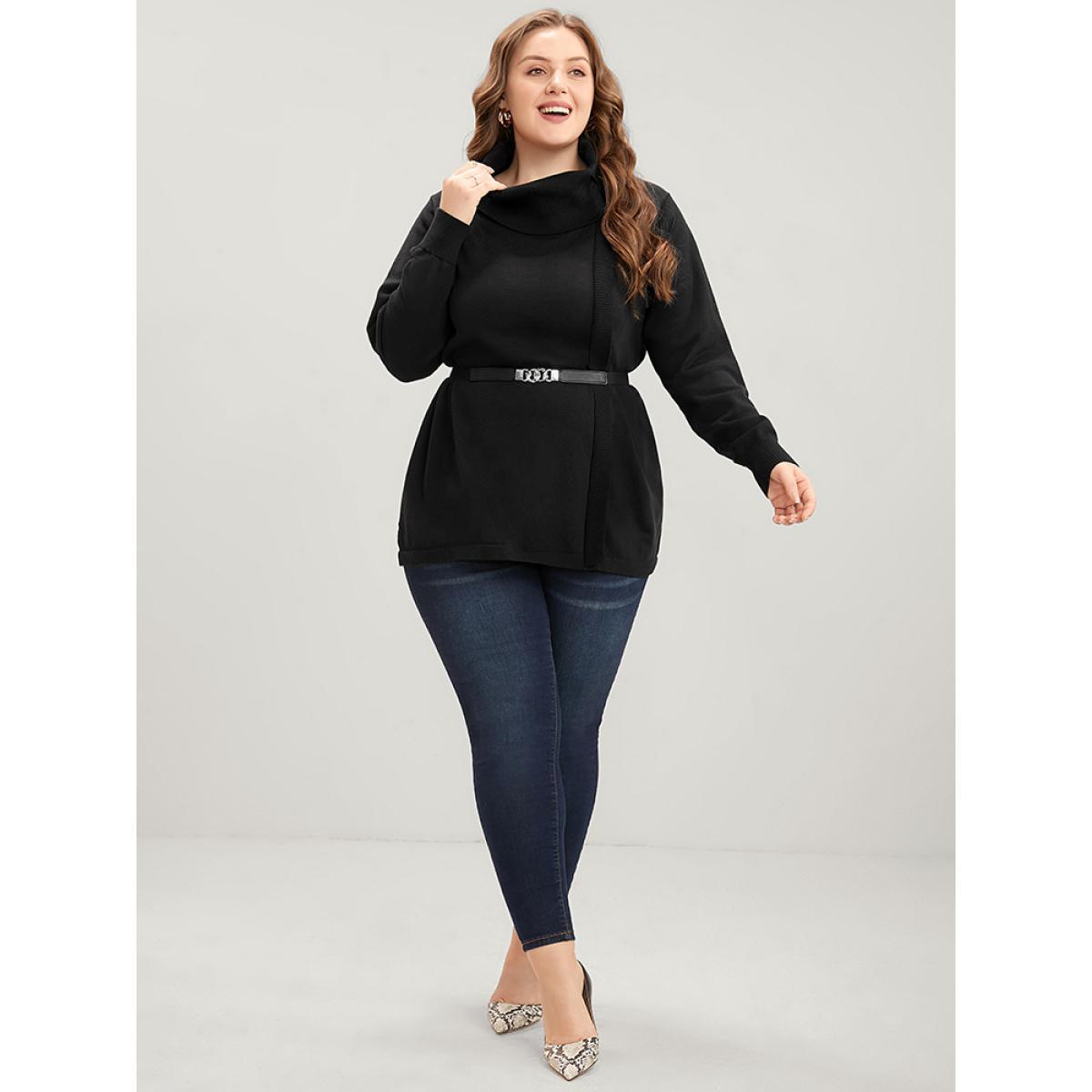 Plus Size Solid Super Soft Knit Tie Funnel Neck Knit Top Black Women Elegant Long Sleeve Turtleneck Dailywear Pullovers BloomChic 26/4X Product Image