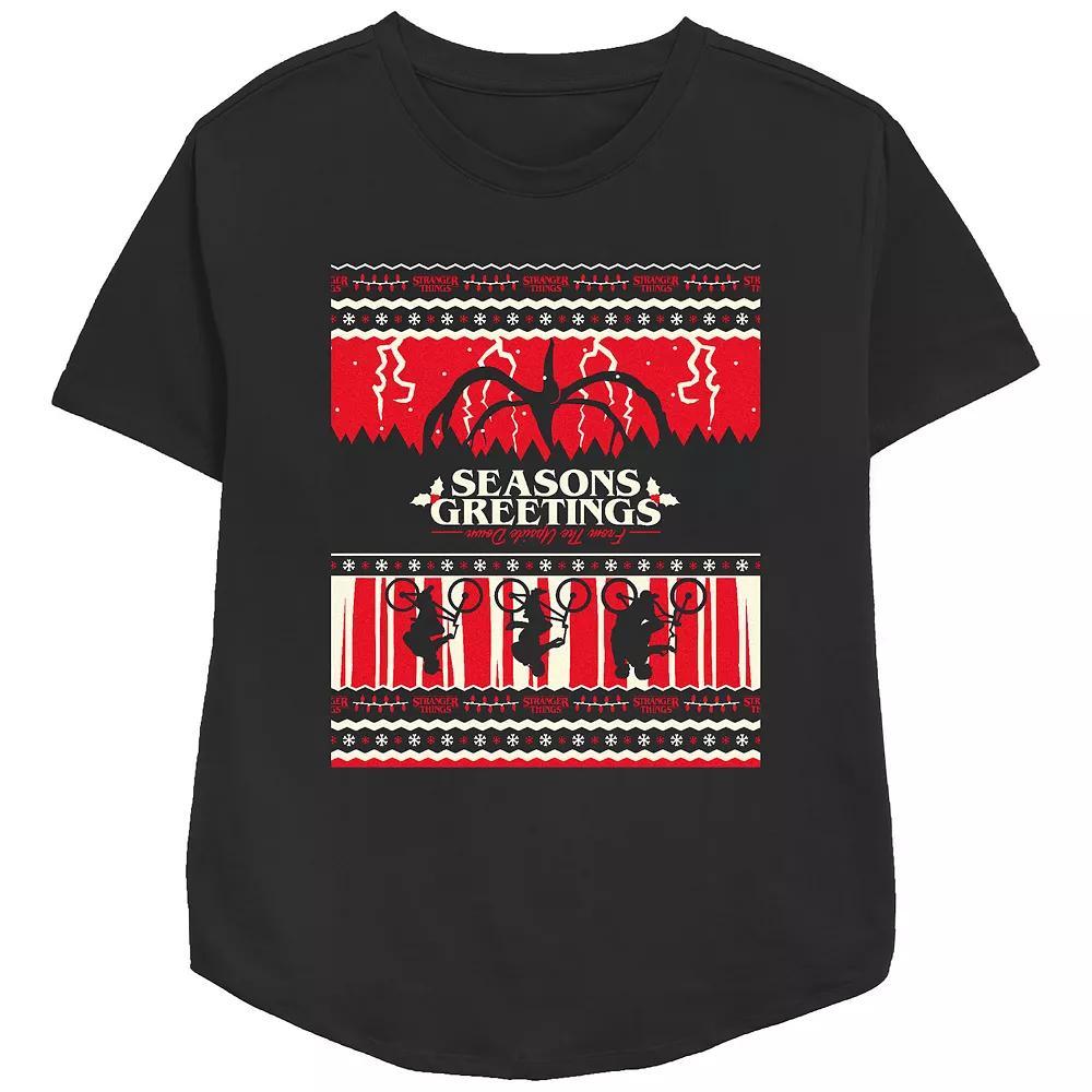 Women's Stranger Things Season's Greeting From The Upside Down Relaxed Fit Graphic Tee, Size: Medium, Black Product Image
