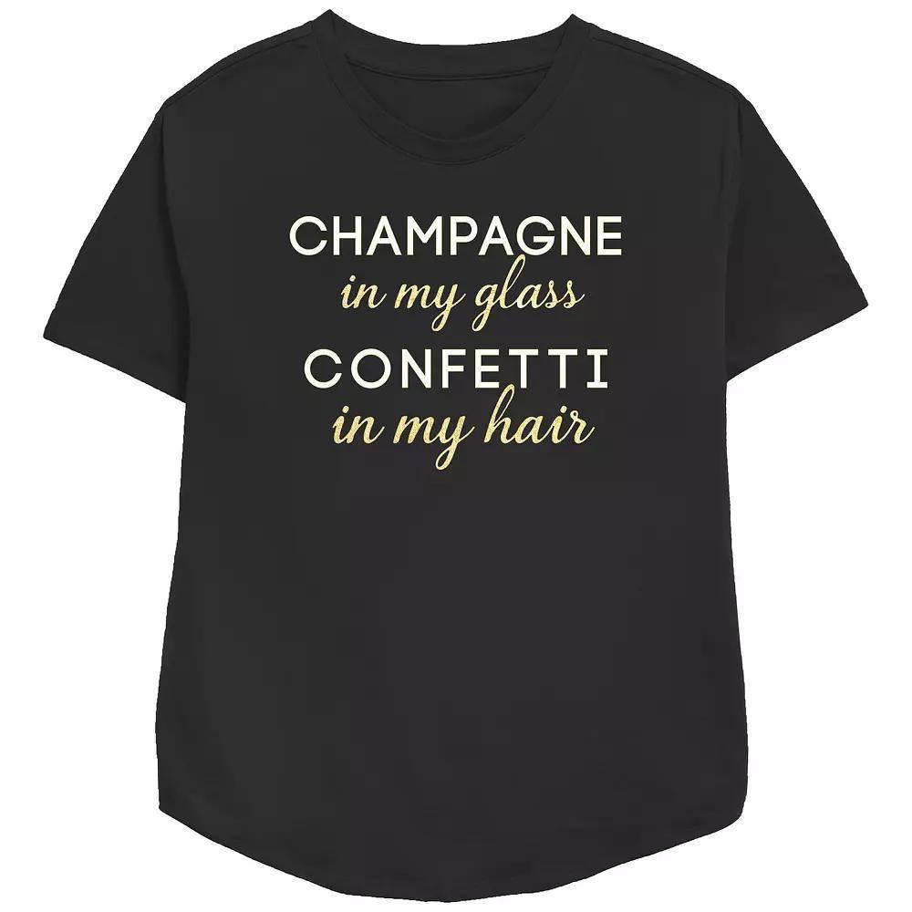 Women's Champagne In My Glass Confetti In My Hair Relaxed Fit Graphic Tee, Size: XS, Black Product Image