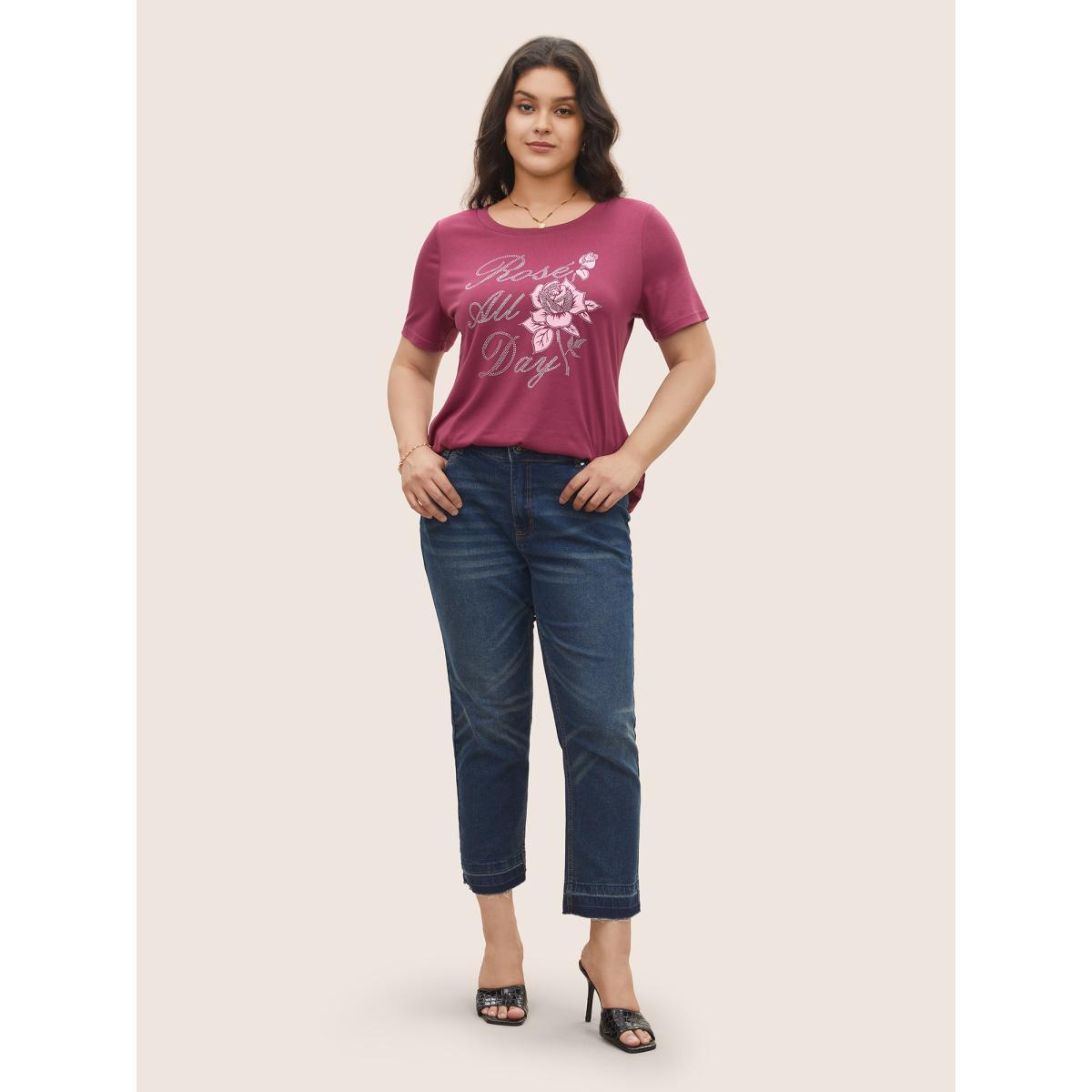 Plus Size Natural Flowers Rhinestone Round Neck T-shirt RedViolet Women Elegant Natural Flowers Everyday T-shirts BloomChic 28/5X Product Image