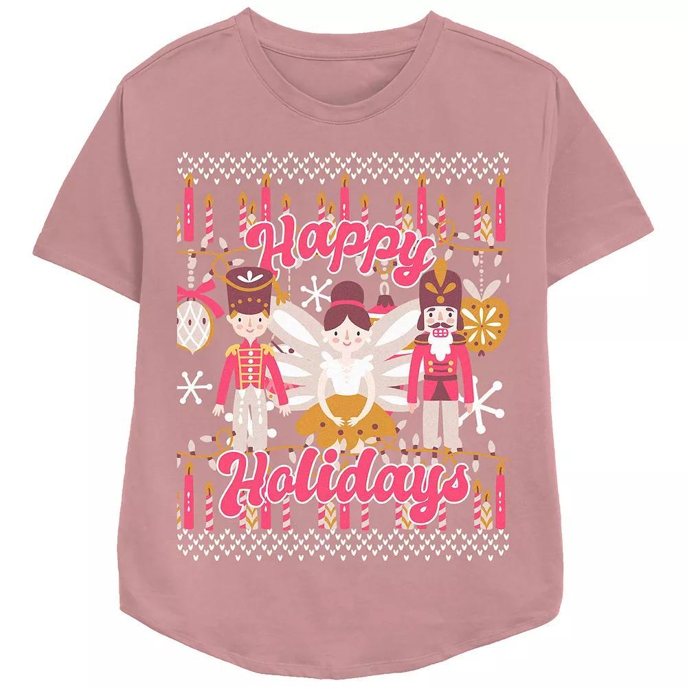 Women's Happy Holidays From The Nutcracker And Ballerina Relaxed Fit Graphic Tee, Size: XXL, Pink Product Image