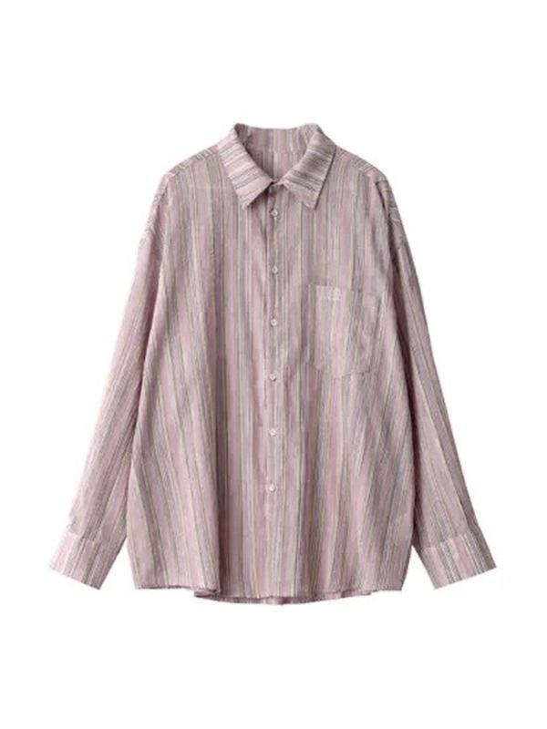 Pink Stripe Loose Thin Long Sleeve Blouse Product Image