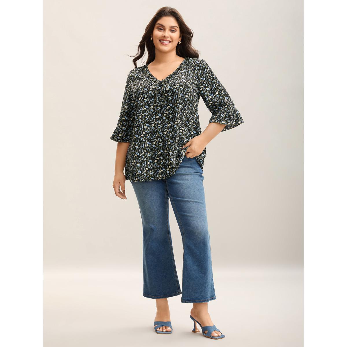 Plus Size Multicolor Ditsy Floral Print Frill Trim Blouse Women Elegant Elbow-length sleeve V-neck Everyday Blouses BloomChic 30/6X Product Image