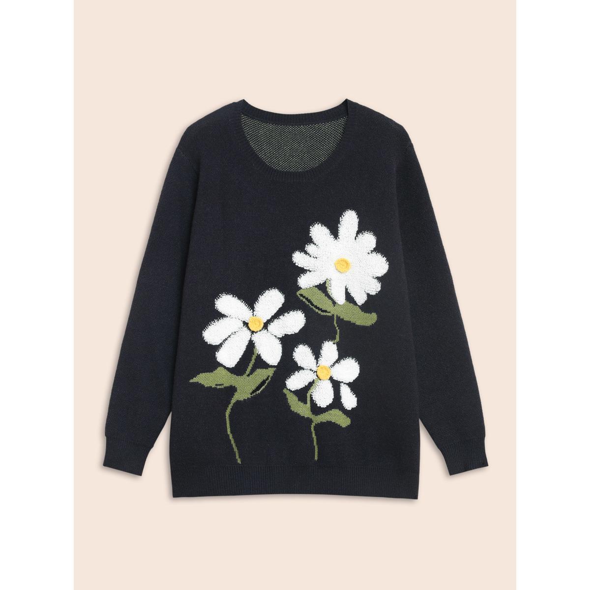 Plus Size Round Neck Floral Contrast Texture Pullover Indigo Women Casual Long Sleeve Round Neck Everyday Pullovers BloomChic 22-24/3X Product Image